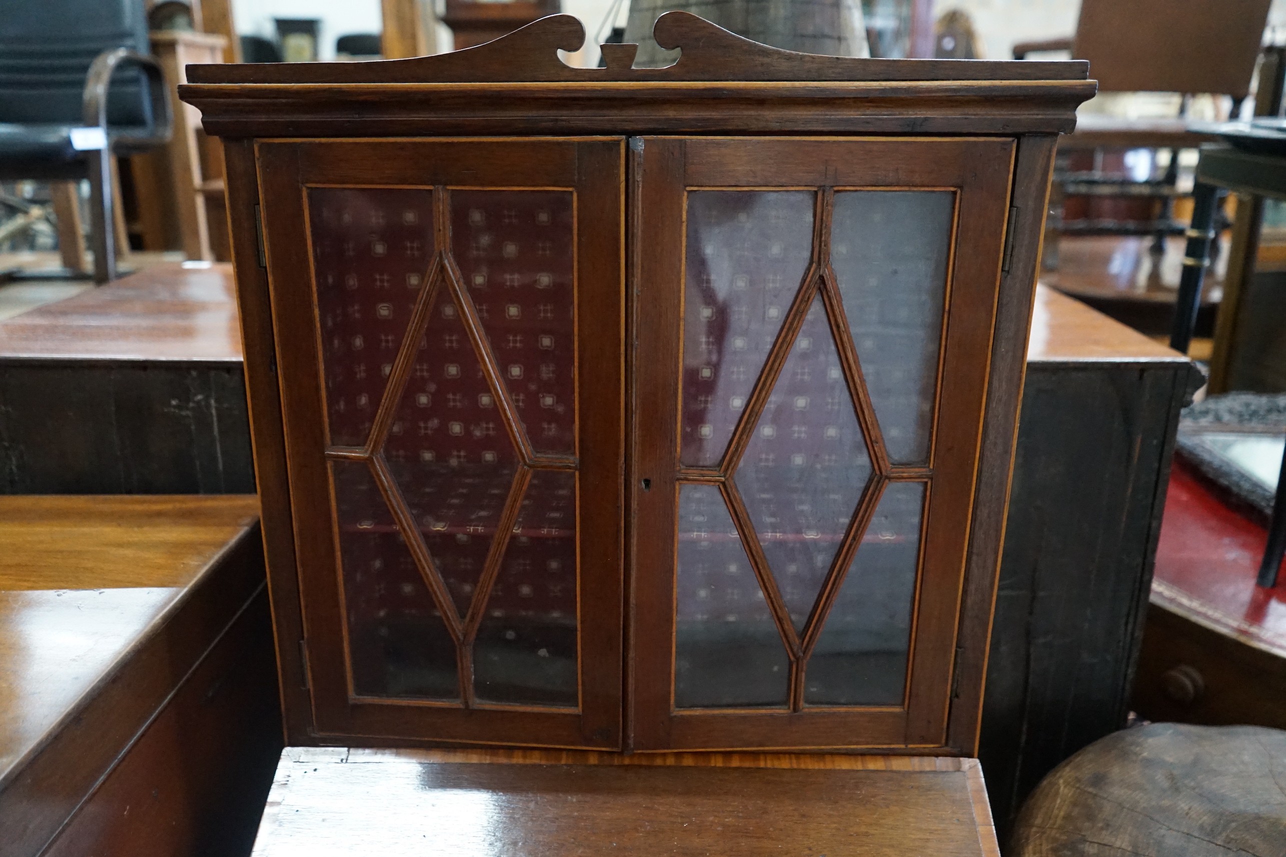 A small Edwardian banded mahogany bureau cabinet, width 52cm, depth 43cm, height 130cm